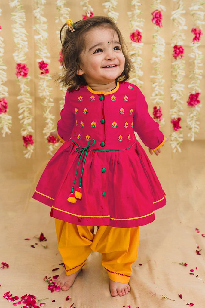 Baby Girl Pink Silk Buta Angrakha Set by Tiber Taber Kids