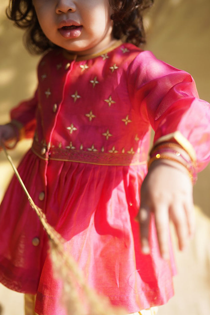 Baby Girl Pink Chanderi Buta Angrakha Set by Tiber Taber Kids