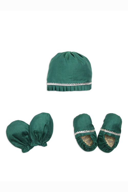 Baby Silk Green Booties Mittens And Cap Set by Tiber Taber Kids