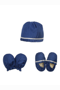 Baby Silk Blue Booties Mittens And Cap Set by Tiber Taber Kids