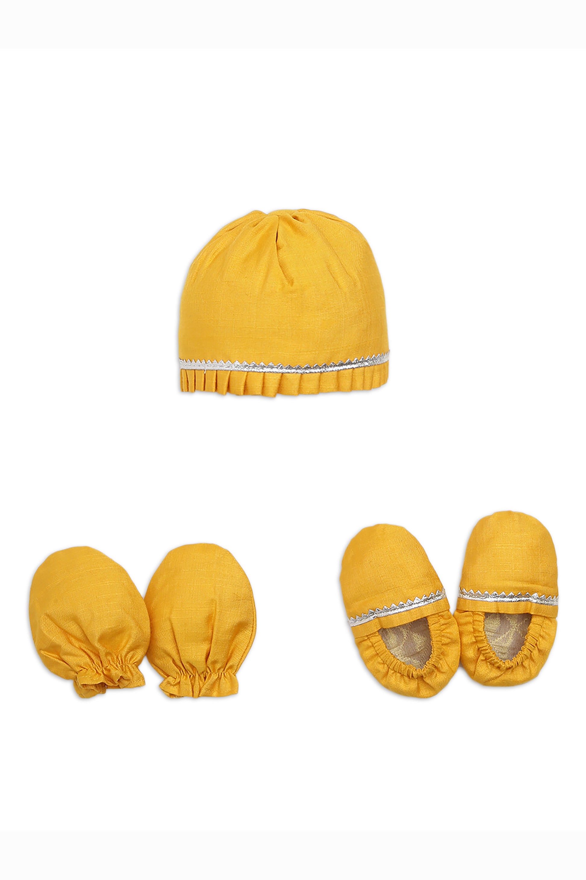 Baby Silk Yellow Booties Mittens And Cap Set by Tiber Taber Kids