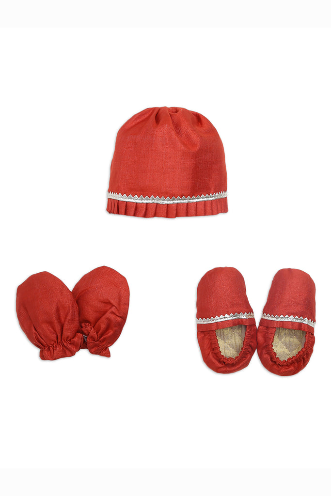 Baby Silk Red Booties Mittens And Cap Set by Tiber Taber Kids