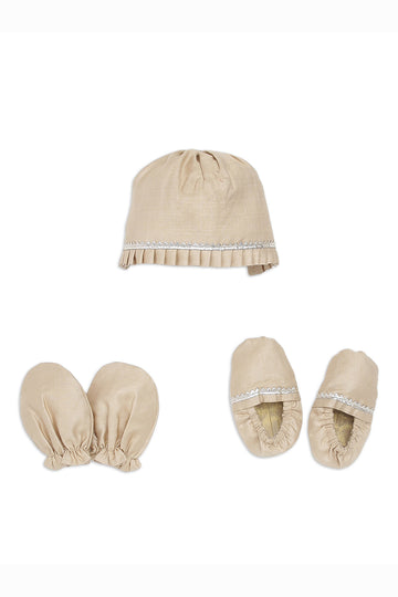 Baby Silk Beige Booties Mittens And Cap Set by Tiber Taber Kids