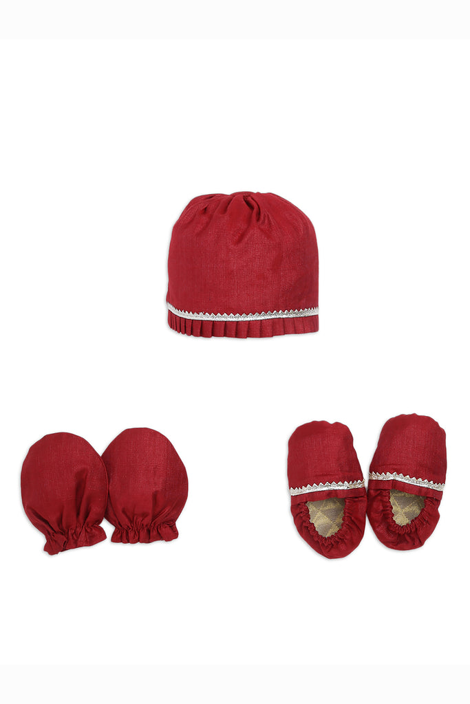 Baby Silk Maroon Booties Mittens And Cap Set by Tiber Taber Kids