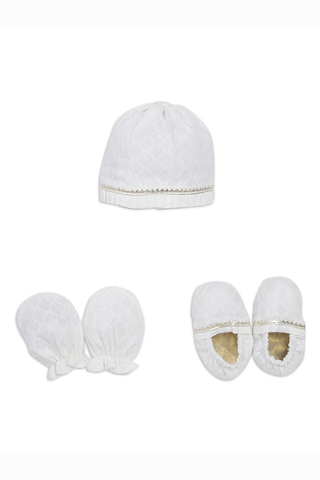 Baby Cotton White Booties Mittens And Cap Set by Tiber Taber Kids