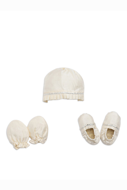 Baby Silk Off White Booties Mittens And Cap Set by Tiber Taber Kids
