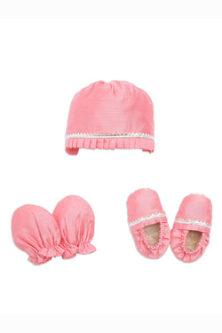 Baby Silk Pink Booties Mittens And Cap Set by Tiber Taber Kids