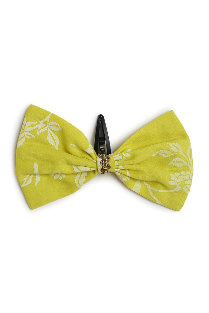 Girl Bow Hairclip White Print- Yellow by Tiber Taber Kids