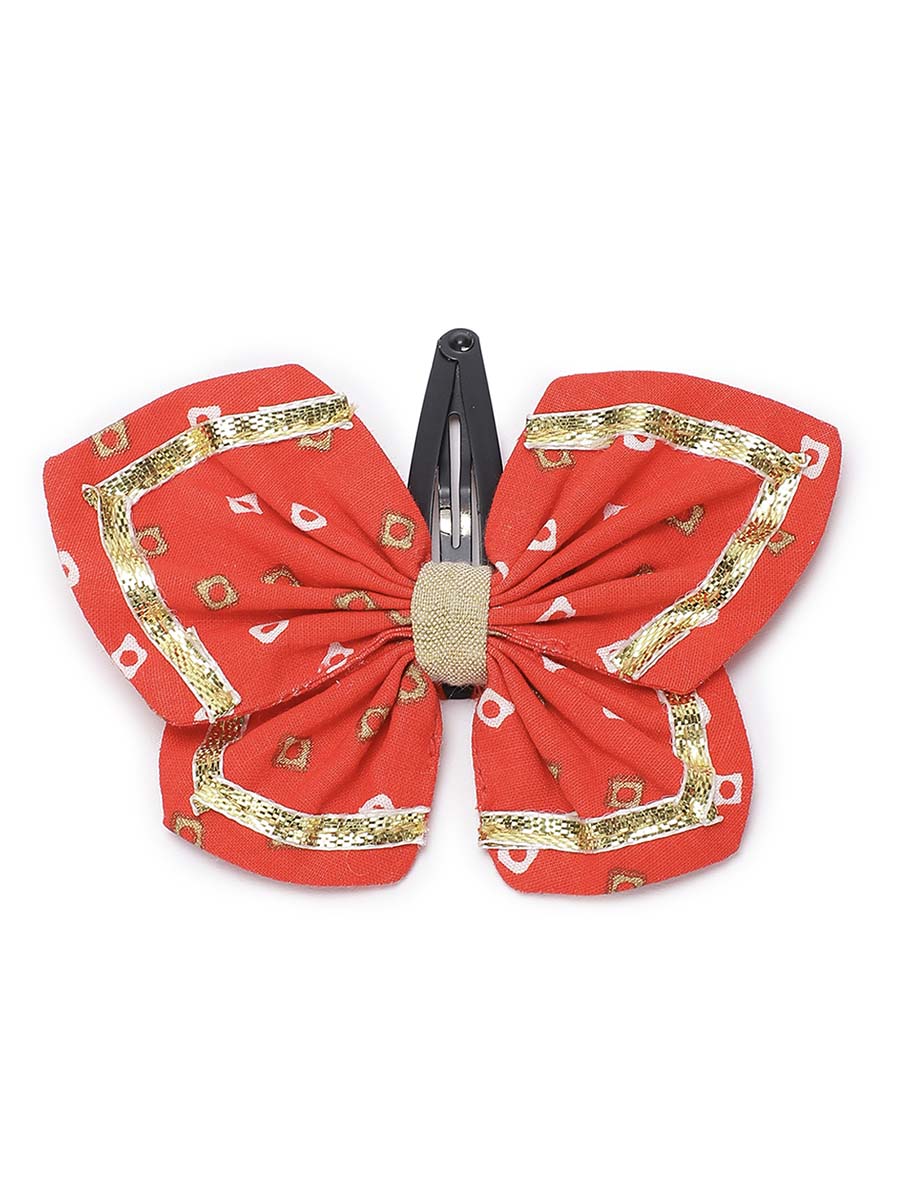 Printed Bandhani Butterfly Hairclip-Red by Tiber Taber Kids