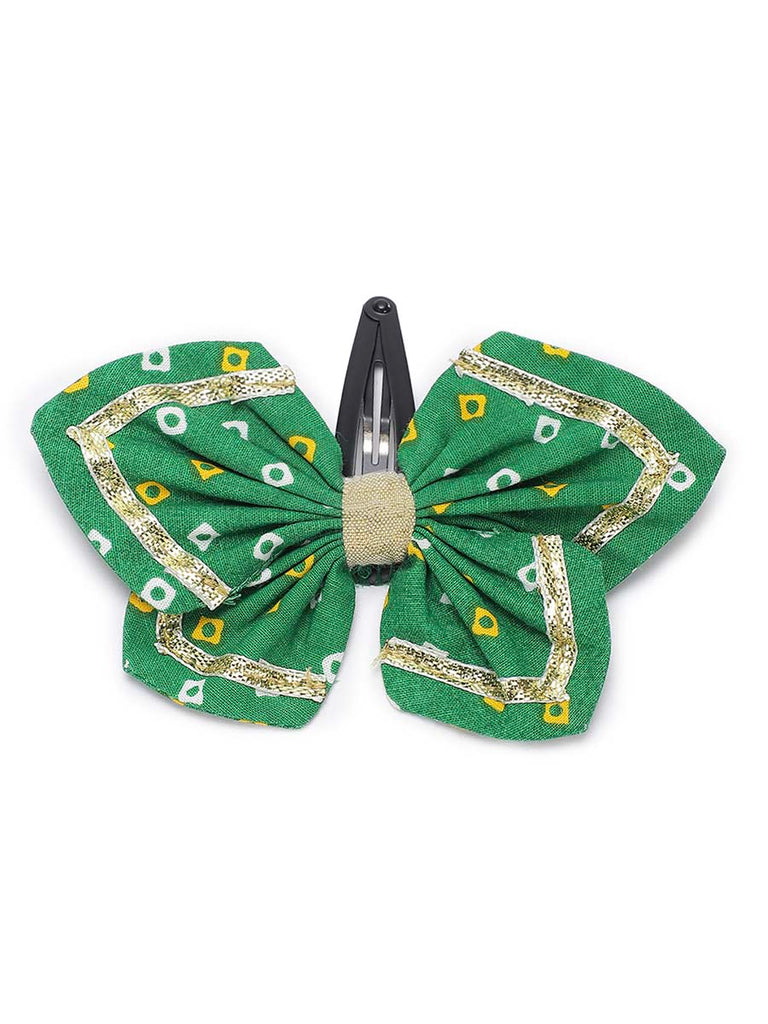 Printed Bandhani Butterfly Hairclip-Green by Tiber Taber Kids