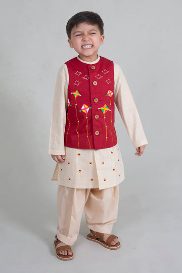 Boys Maroon Phulkari Kite Bundi Kurta Set by Tiber Taber Kids