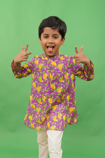 Boys Short Kurta Printed Mango - Purple by Tiber Taber Kids