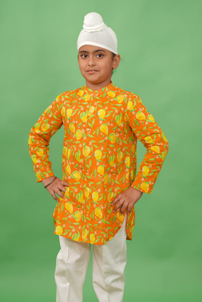 Boys Short Kurta Printed Mango - Orange by Tiber Taber Kids