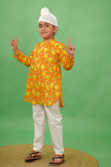 Boys Kurta Set Printed Mango - Orange by Tiber Taber Kids