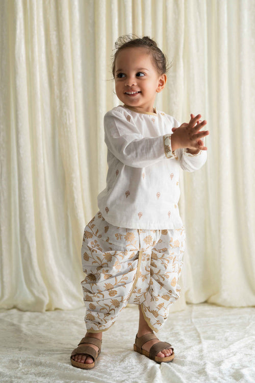 Baby Boy Dhoti Kurta Premium Cotton Set Embroidered- White by Tiber Taber Kids