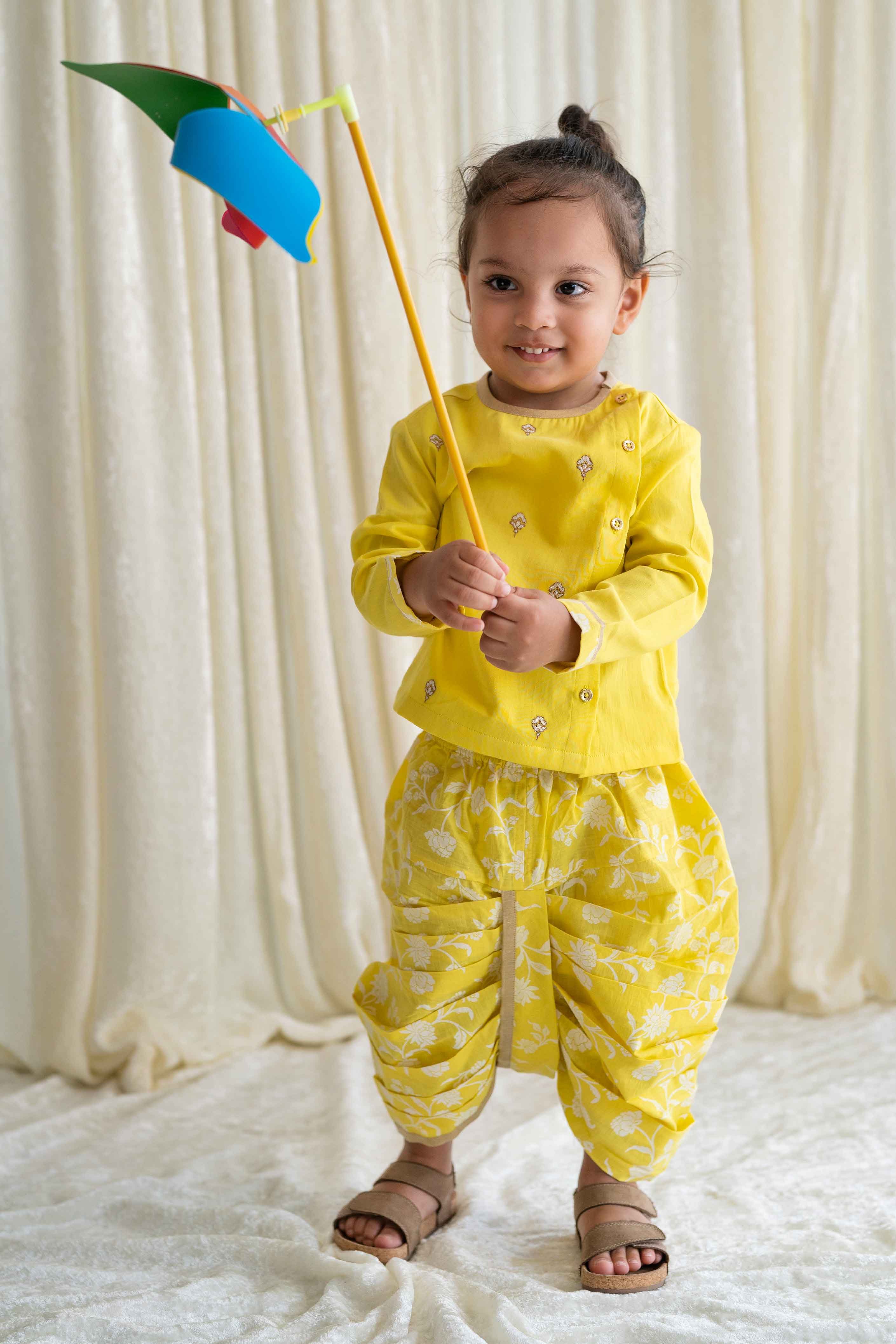 Mustard Yellow Dhoti Style Dress with Chic Overcoat – Lagorii Kids