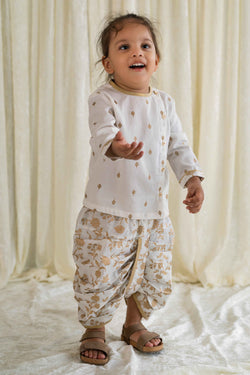 Baby Boy Dhoti Kurta Premium Cotton Set Print Gold- White by Tiber Taber Kids