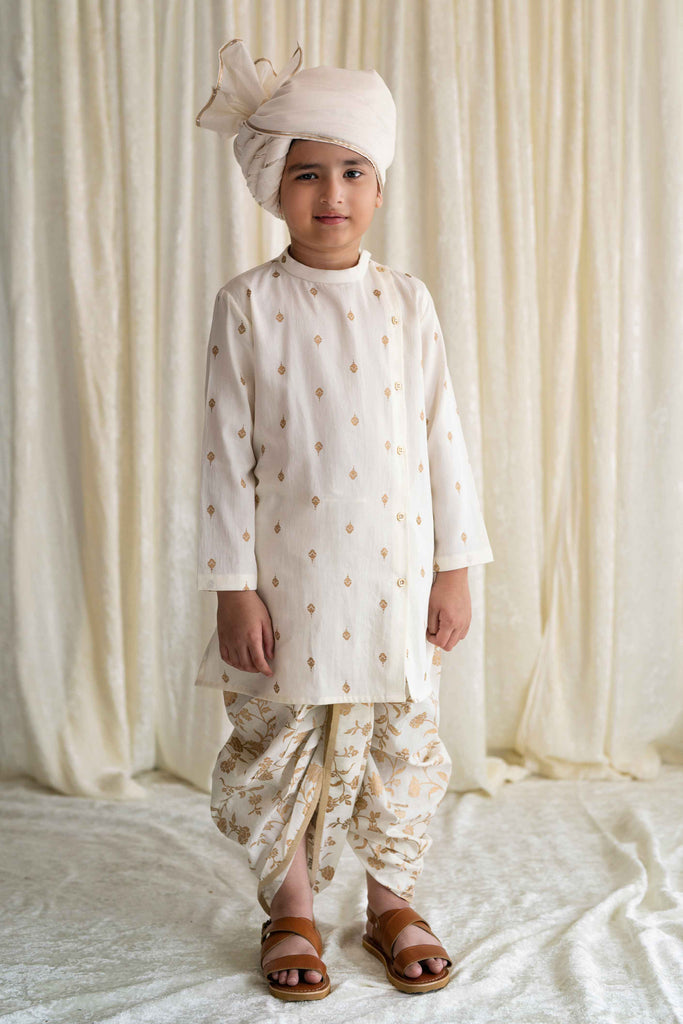 Boys Nawab Dhoti Kurta Cotton Set Gold Print- Cream by Tiber Taber Kids