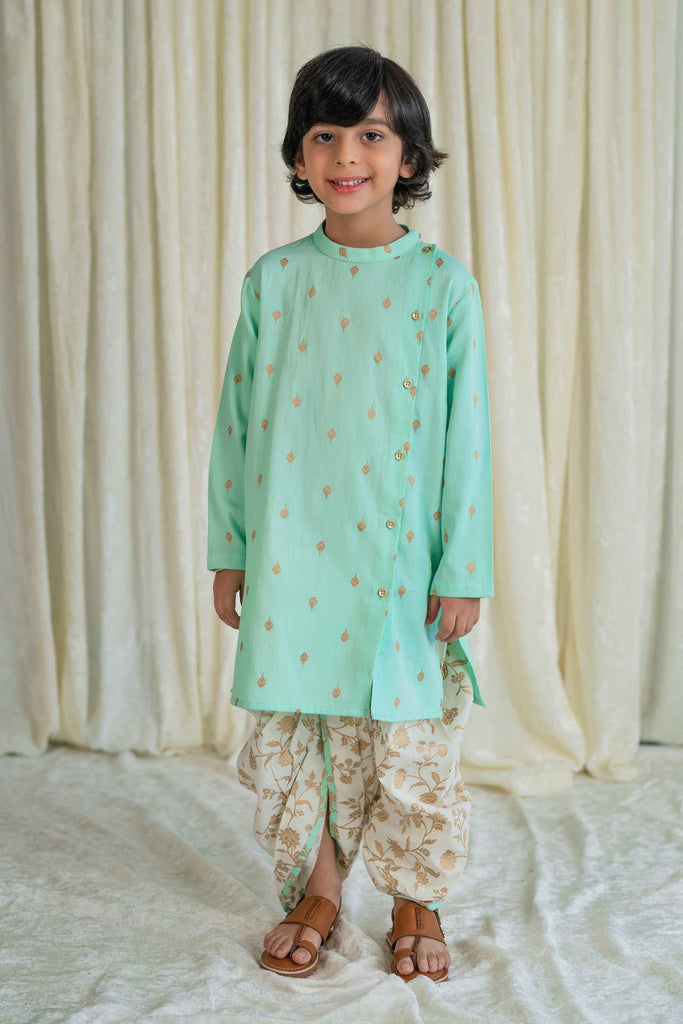 Boys Nawab Dhoti Kurta Cotton Set Gold Print- Green by Tiber Taber Kids