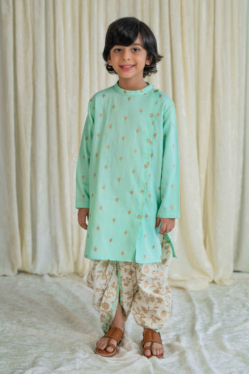 Boys Nawab Dhoti Kurta Cotton Set Gold Print- Green by Tiber Taber Kids