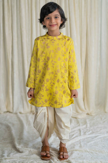 Boys Nawab Dhoti Kurta Cotton Set Gold Print- Yellow by Tiber Taber Kids