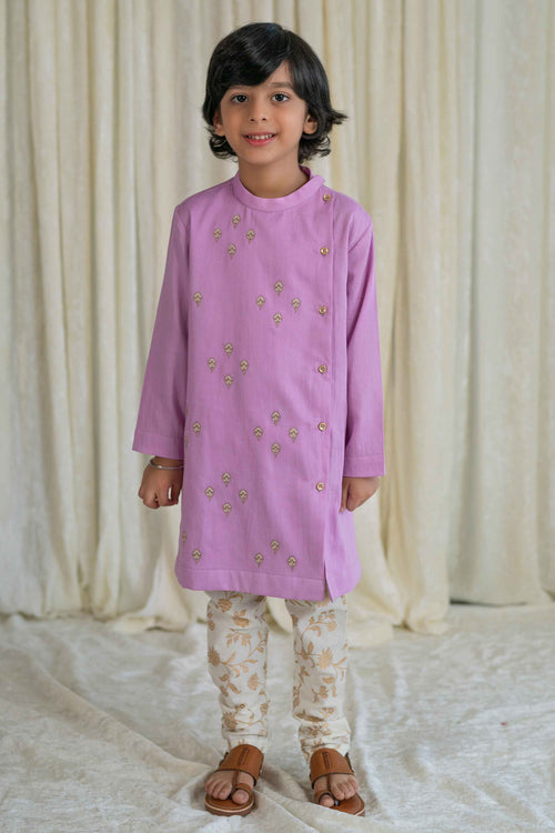 Boys Nawab Kurta Pyjama Cotton Set Embroidered- Purple by Tiber Taber Kids