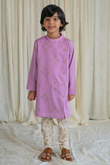 Boys Nawab Kurta Pyjama Cotton Set Embroidered- Purple by Tiber Taber Kids