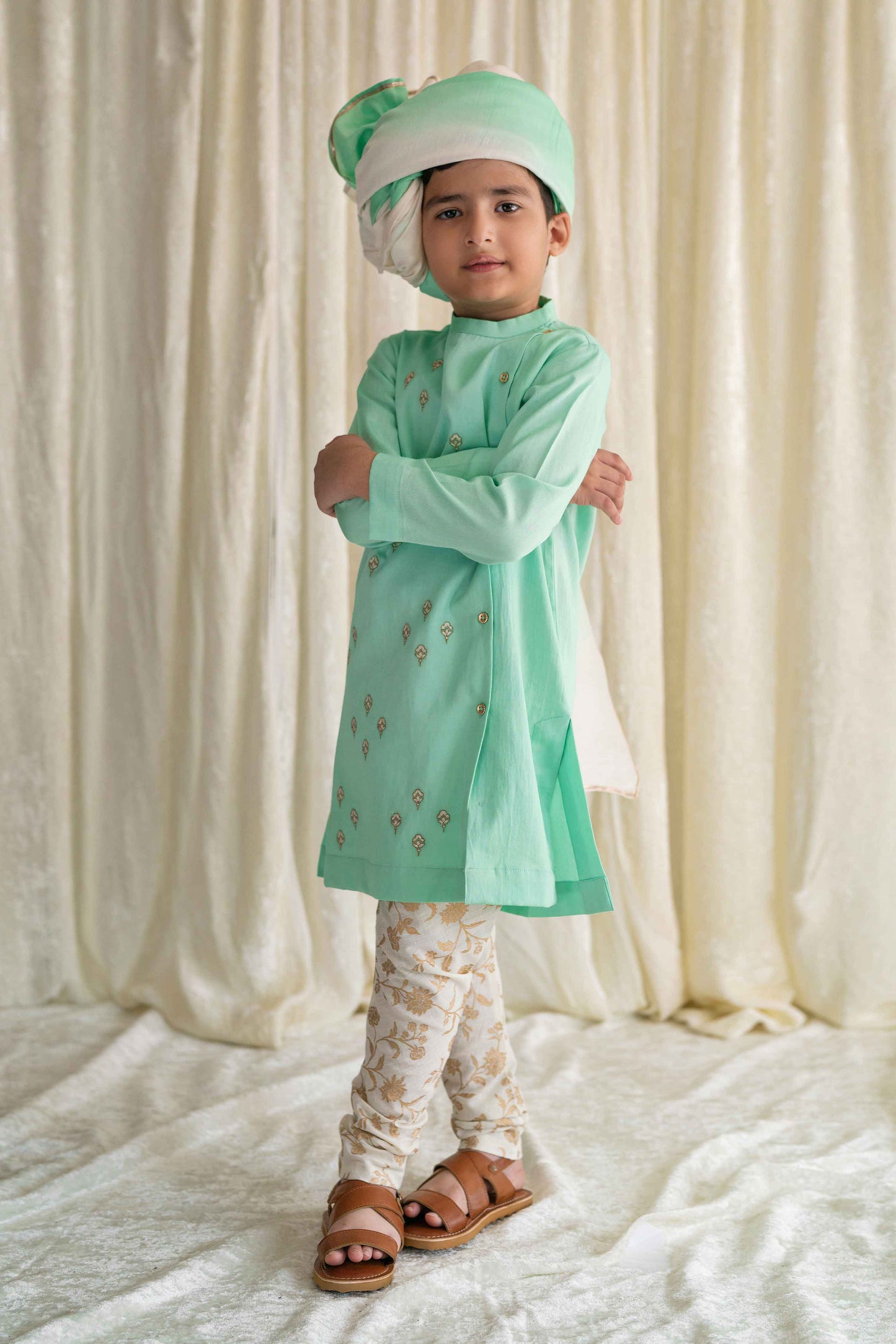Shop Boy Pure Silk Chanderi Safa Ombre dyed- Green by Tiber Taber Kids