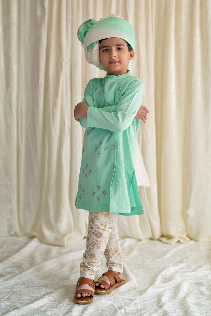 Boys Nawab Kurta Pyjama Cotton Set Embroidered- Green by Tiber Taber Kids
