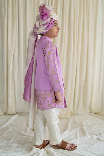 Boys 3 Pc Bandhgala Bundi Kurta Set Embroidered- Purple by Tiber Taber Kids