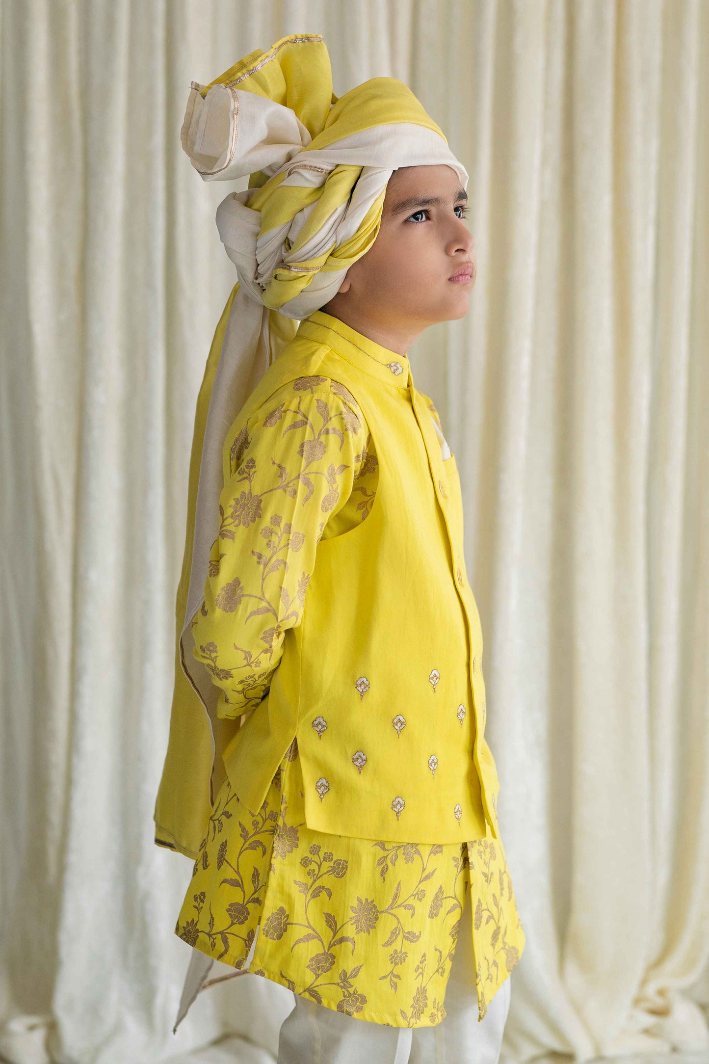 Boys 3 Pc Bandhgala Bundi Kurta Set Embroidered- Yellow by Tiber Taber Kids