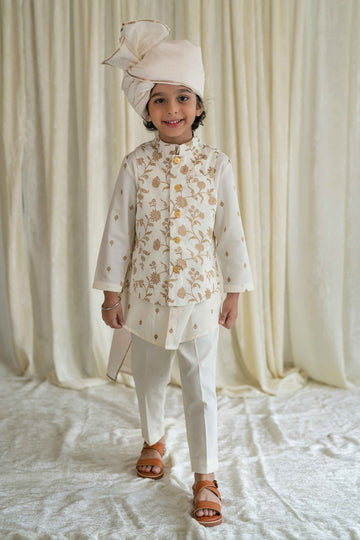 Boys 3 Pc Bandhgala Bundi Kurta Set Gold Print- Cream by Tiber Taber Kids