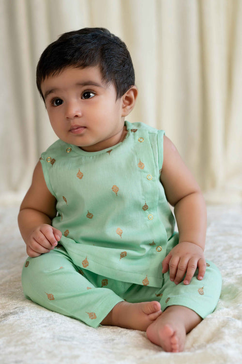 Newborn Baby Premium Cotton Jhabla Set Gold Buta- Green by Tiber Taber Kids
