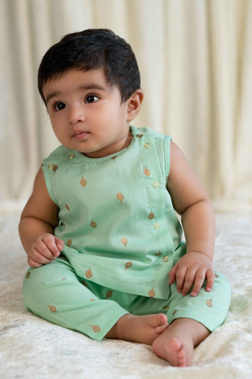 Newborn Baby Premium Cotton Jhabla Set Gold Buta- Green by Tiber Taber Kids