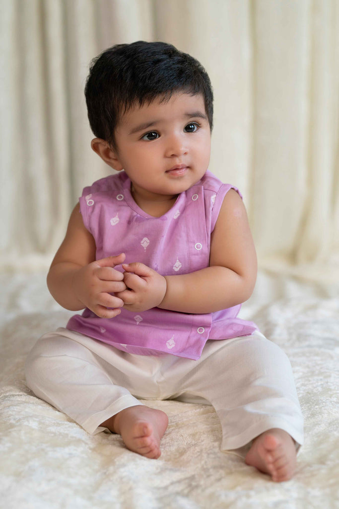 Newborn Baby Premium Cotton Jhabla Set White Buta- Purple by Tiber Taber Kids