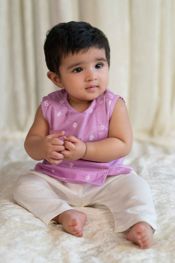 Newborn Baby Premium Cotton Jhabla Set White Buta- Purple by Tiber Taber Kids