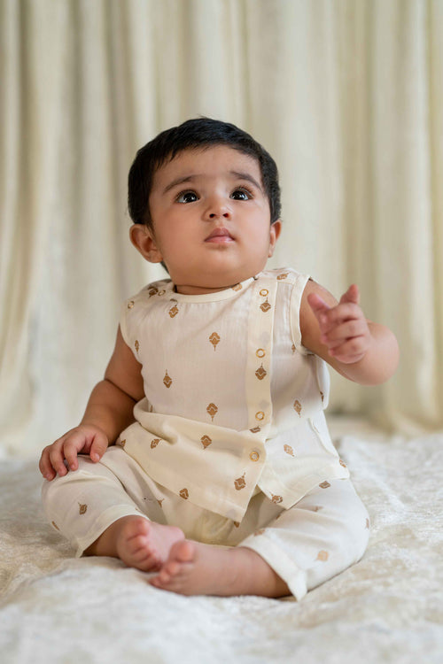 Newborn Baby Premium Cotton Jhabla Set Gold Buta- Cream by Tiber Taber Kids