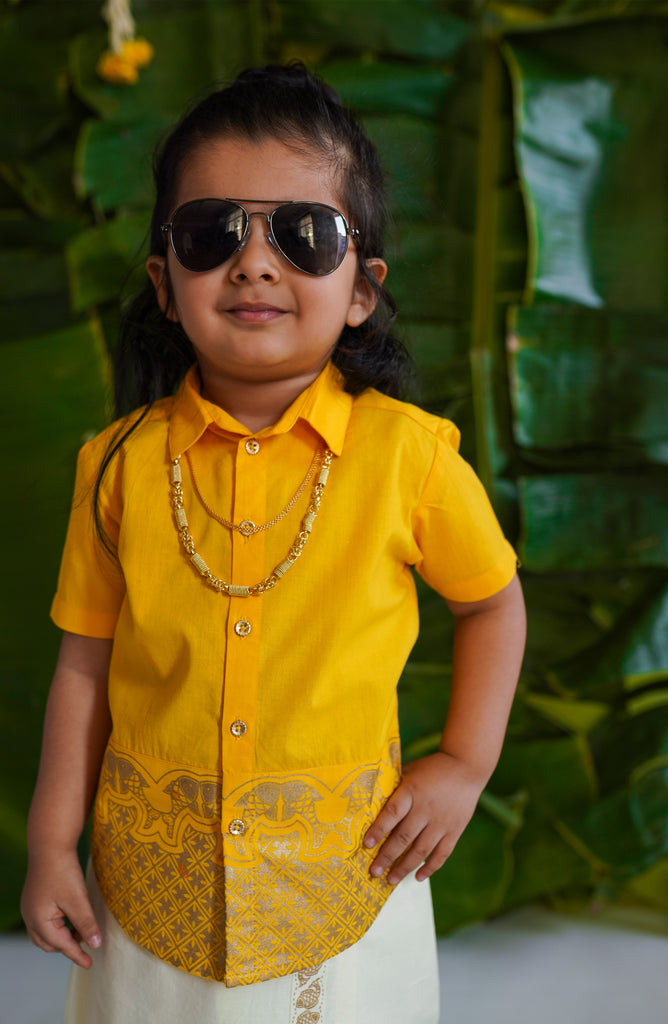 Boys Panel Gold Print Shirt-Yellow by Tiber Taber Kids