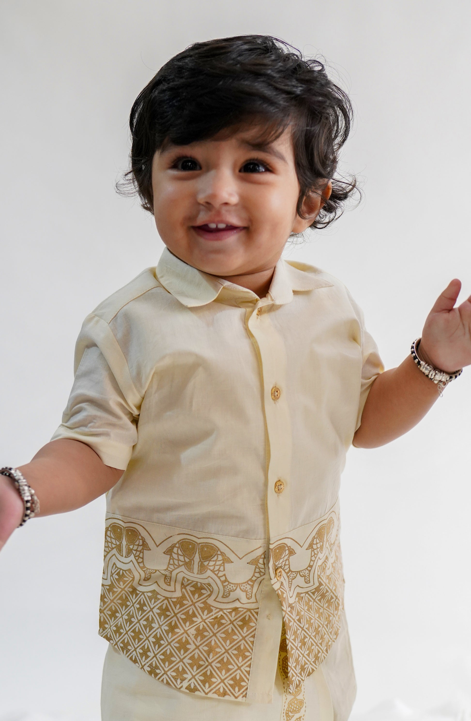 Boys Panel Gold Print Shirt-Cream Boys Panel Gold Print Shirt-Cream