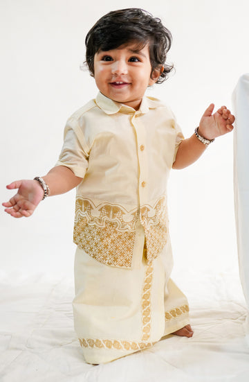 2 Pc Mundu Dhoti Shirt Set-Cream by Tiber Taber Kids