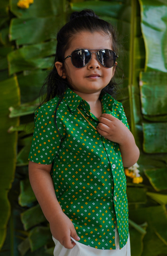 Boys Printed Bandhani Shirt-Green by Tiber Taber Kids
