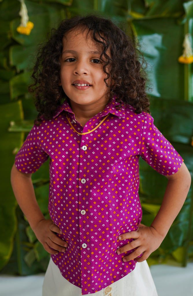 Boys Printed Bandhani Shirt-Purple by Tiber Taber Kids