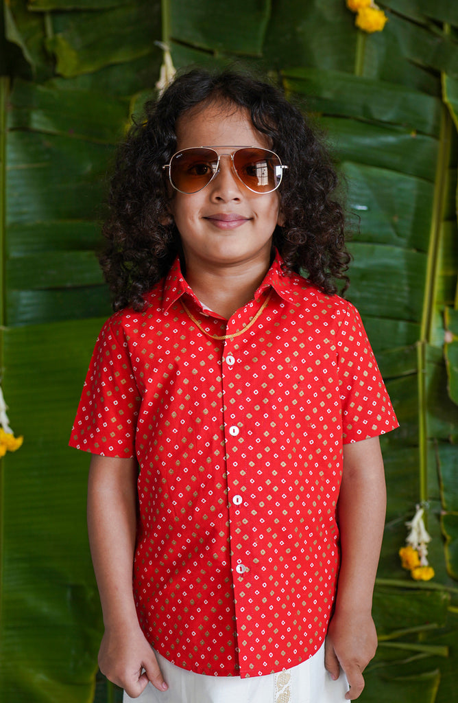 Tiber Taber Boy Bandhani Print Shirt-Red by Tiber Taber Kids