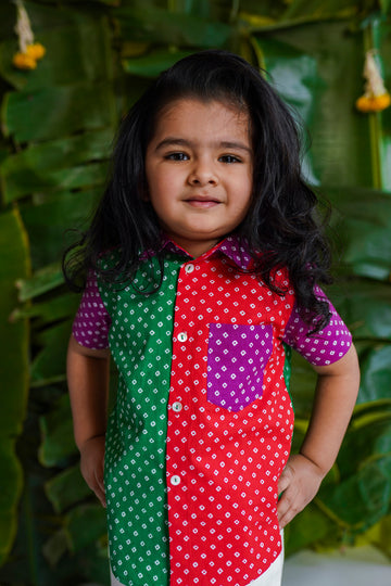 Boys Bandhani Panel Shirt-Multicolour by Tiber Taber Kids