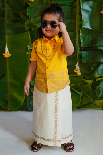 2 Pc Mundu Dhoti Shirt Set-Yellow by Tiber Taber Kids