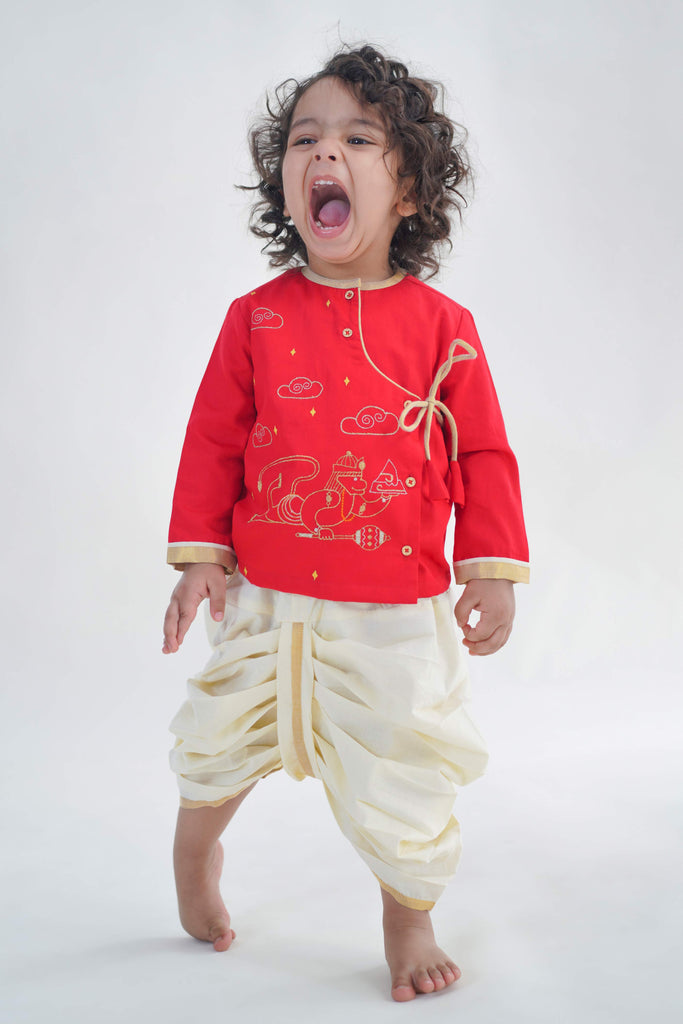 Baby Boy Hanuman Dhoti Kurta Set-Red by Tiber Taber Kids