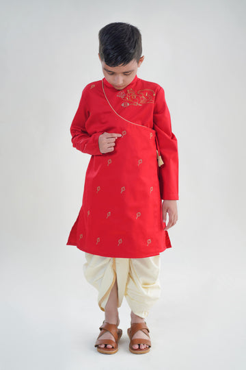Boy Hanuman Dhoti Kurta Set-Red by Tiber Taber Kids