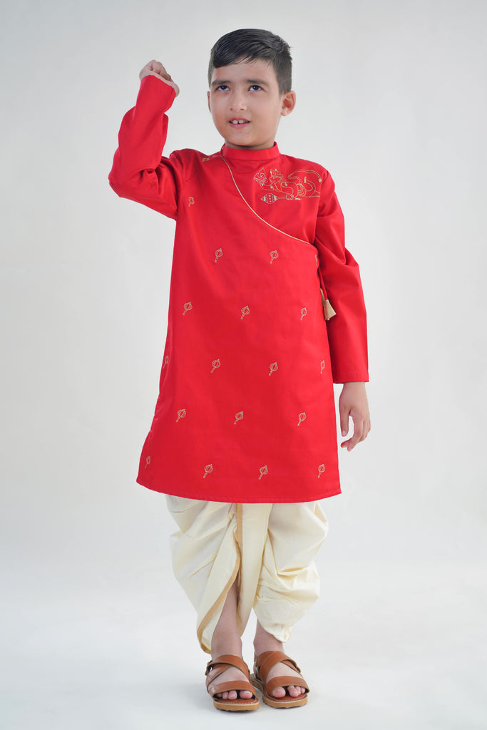 Buy Boy Hanuman Dhoti Kurta Set-Red by Tiber Taber Kids