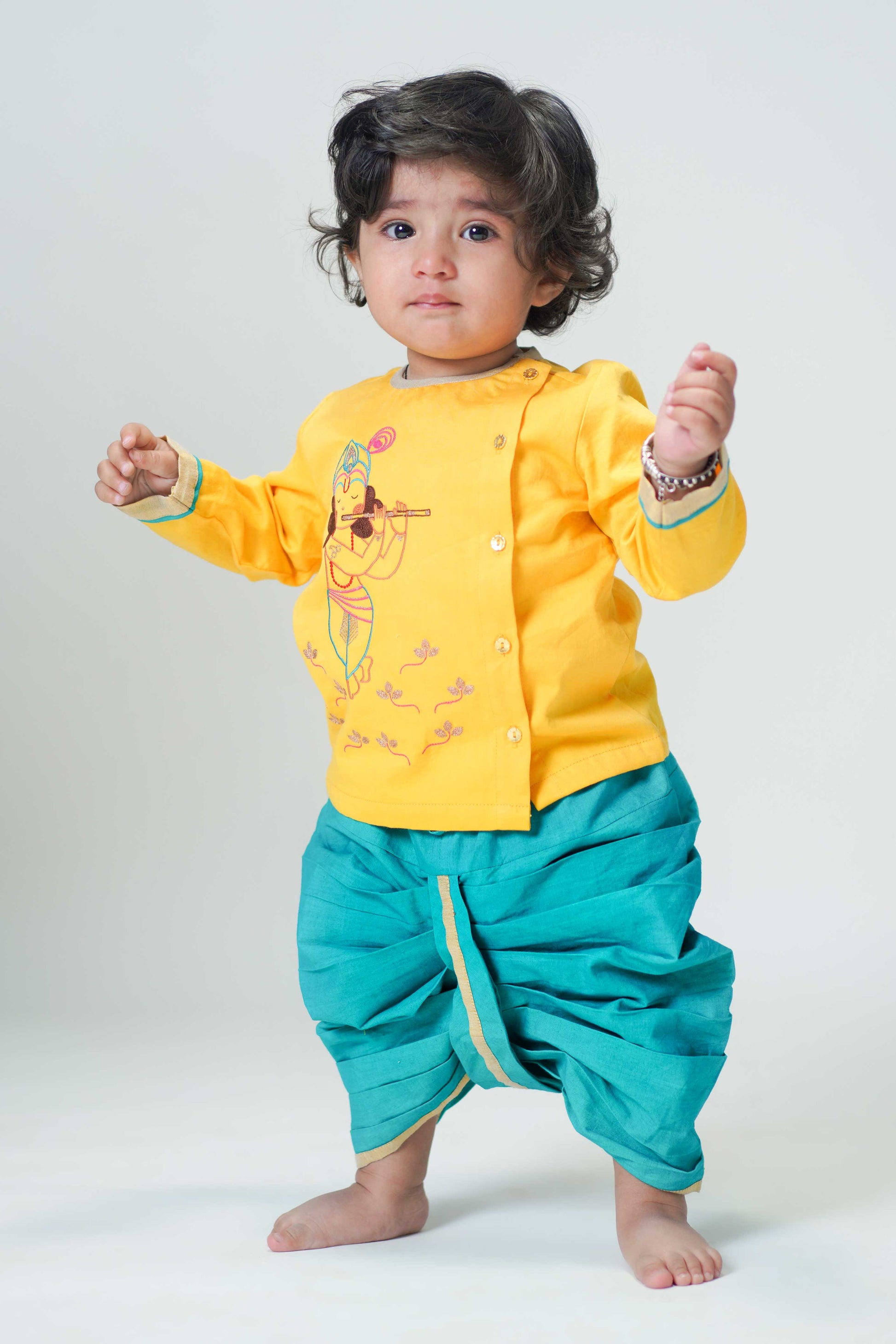 Baby Boy Krishna Dhoti Kurta Set-Yellow by Tiber Taber Kids