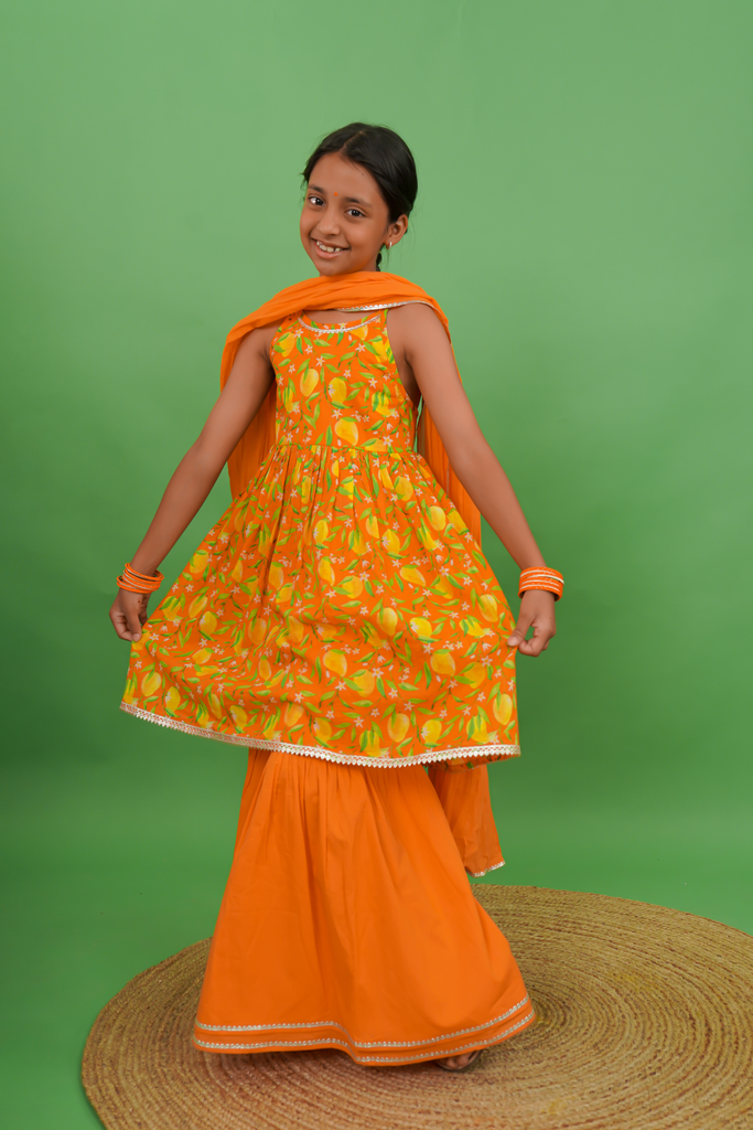 Girls Flared Sharara Set Printed Mango - Orange by Tiber Taber Kids